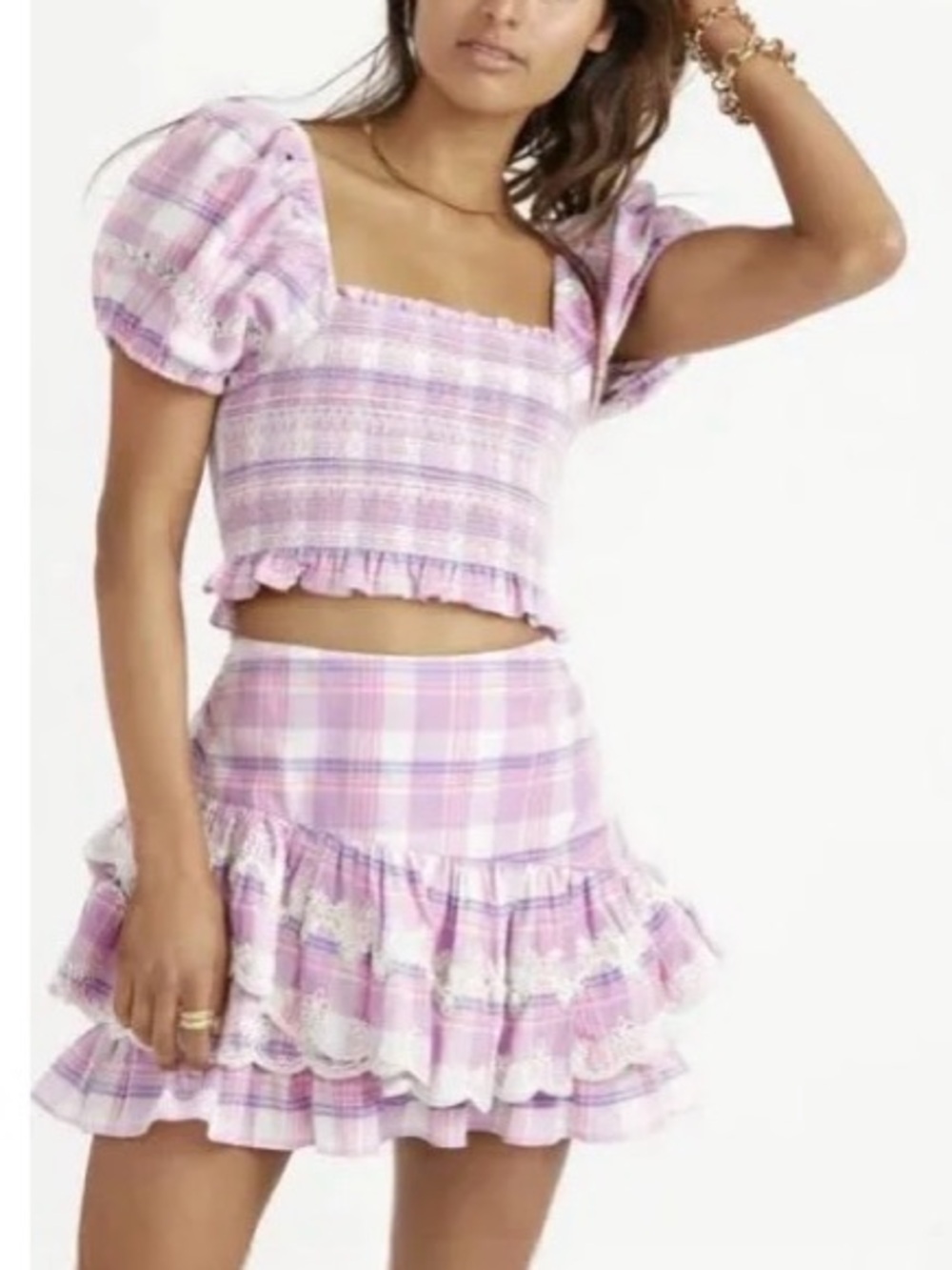 LoveShackFancy Lavender Plaid Puff-Sleeve Cropped Top